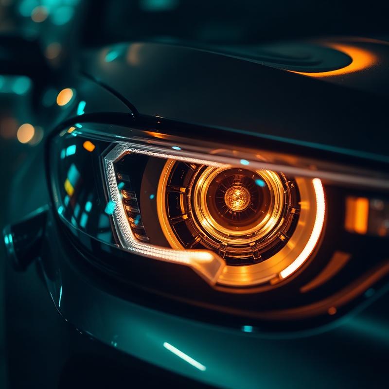 Macro shot of a modern car headlight reflecting city lights at night